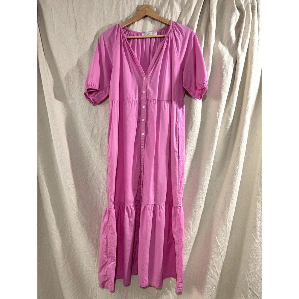 LOFT Pink Tiered Maxi Dress Womens M V-Neck Button Front Short Sleeve Cotton